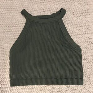 aerie Olive Ribbed High-Neck Cropped Tank
